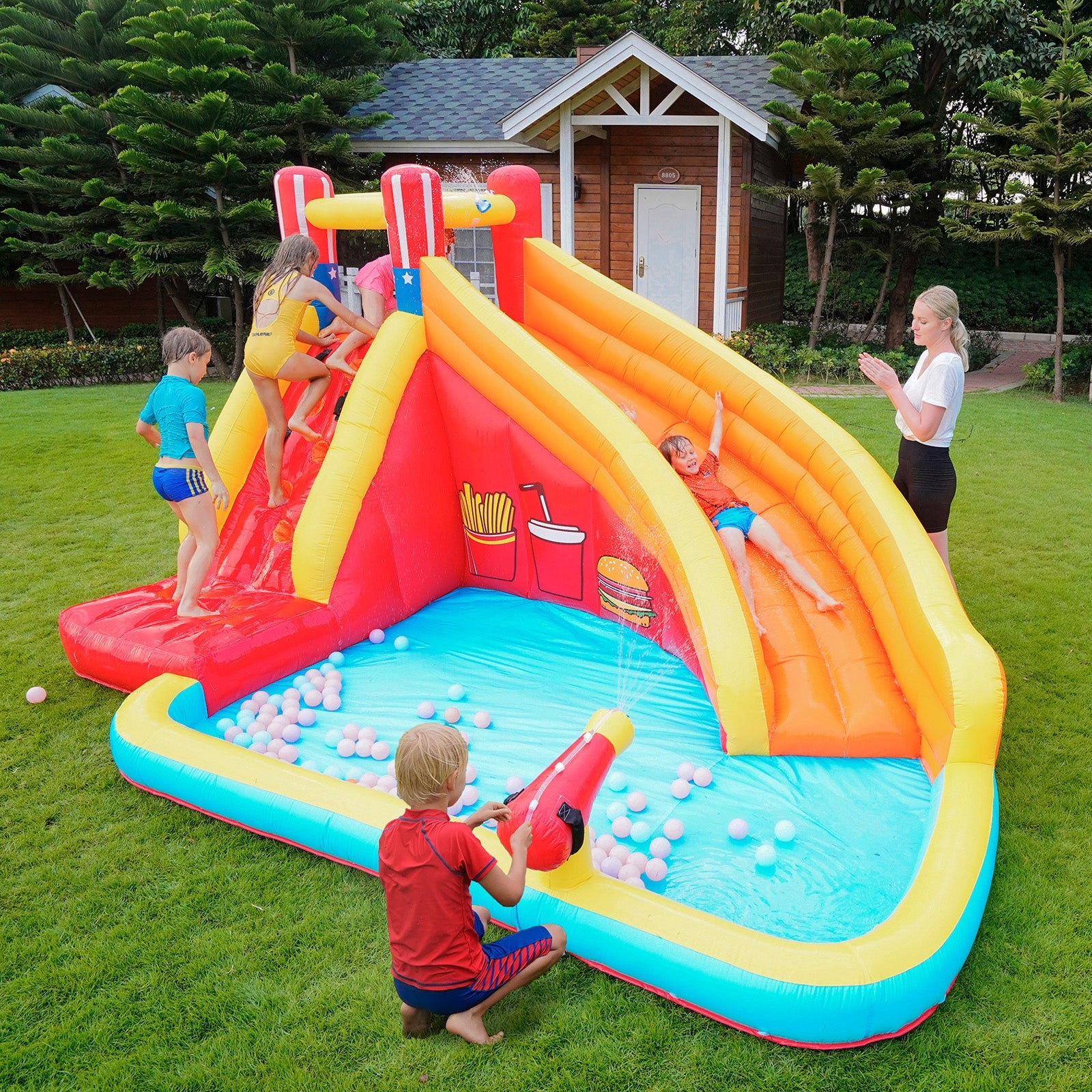 ametoys Inflatable Slide Backyard Park with Climbing Wall, Pool, Cannon, Heavy Duty Blower, Sprinkler, Stakes, Patches, Storage Bag for Outdoor Summer Fun