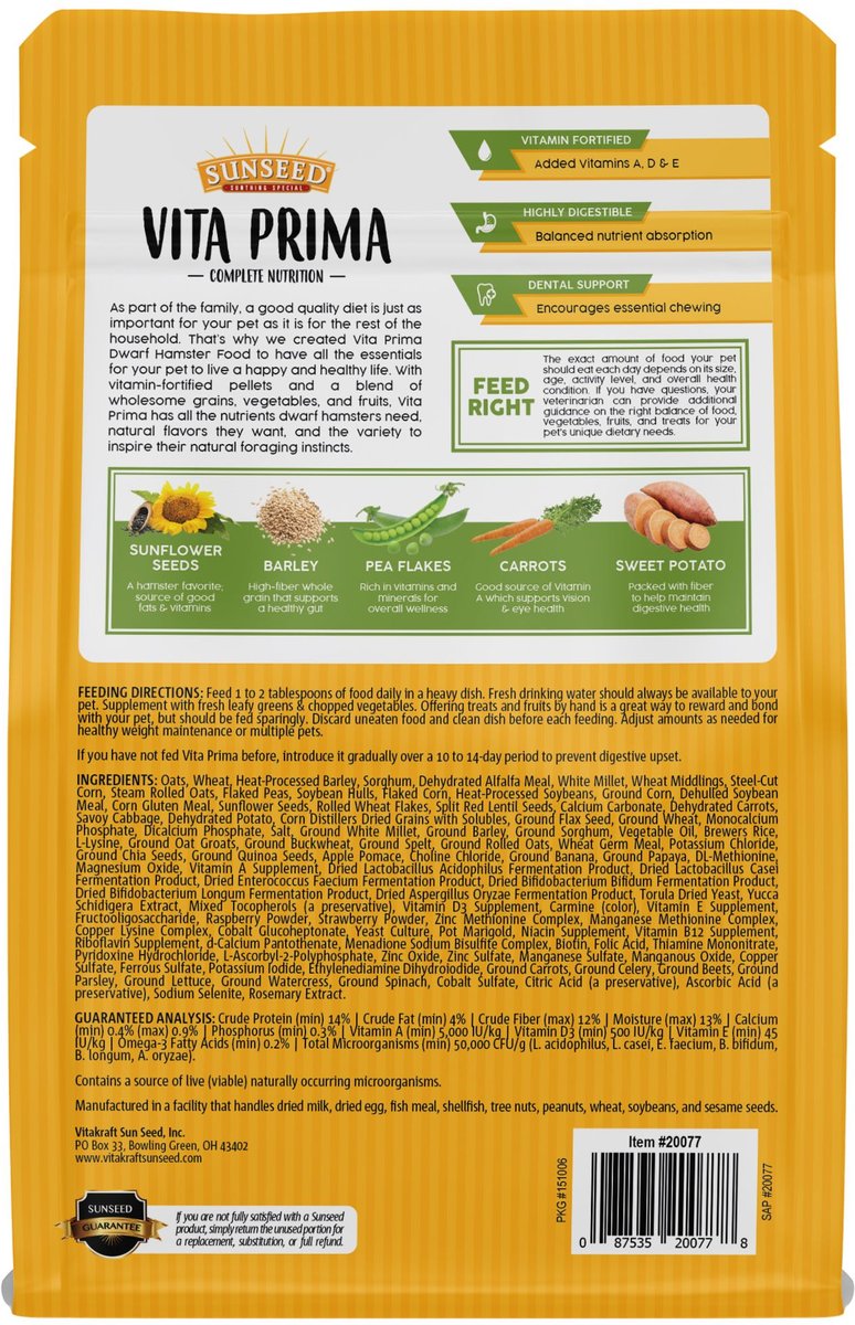 Sunseed Vita Prima Vitamin-Fortified With Essential Nutrients Dwarf Hamster Dry Food， 2-lb bag