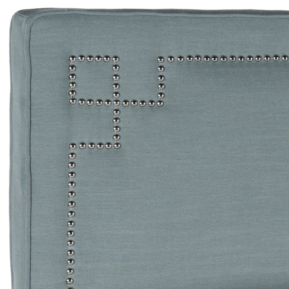 SAFAVIEH Remington Sky Blue Linen Blend Upholstered Greek Key Headboard (Full)