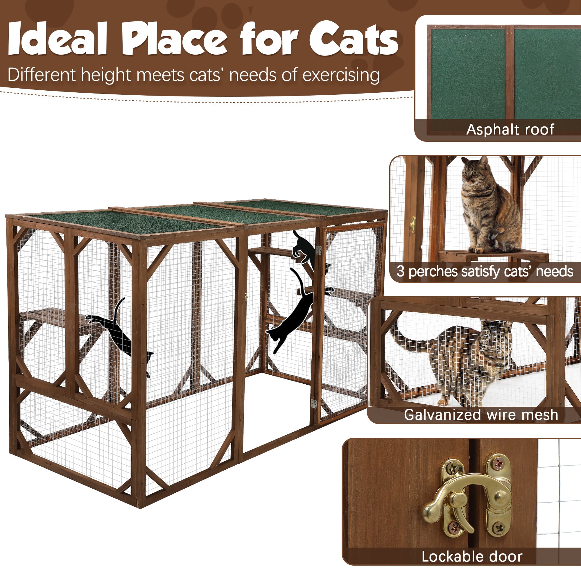 Coziwow Outdoor Cat House Enclosure Pet Cage Catio W/ Asphalt Roof， 3 Platforms， Gray