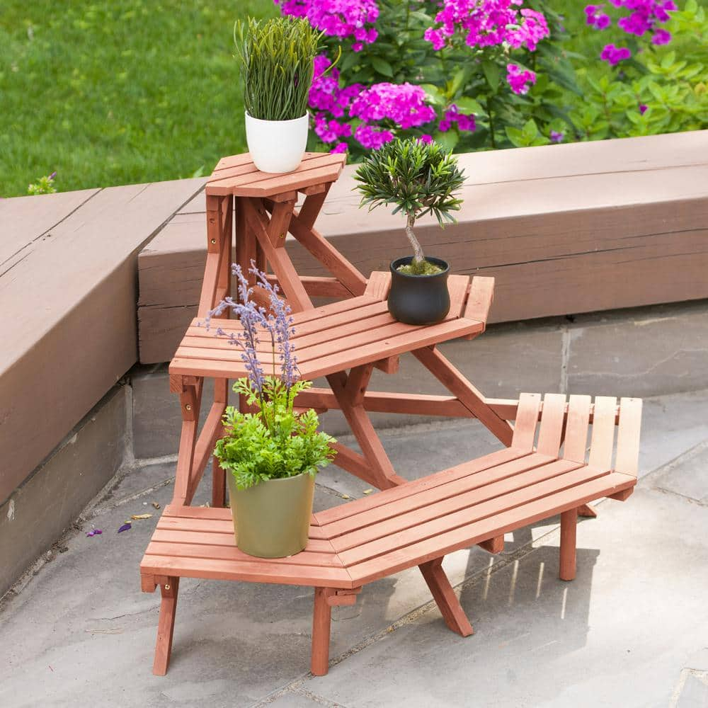 Leisure Season 38 in. x 24 in. Medium Brown Solid Wood 3-Tier Quarter Round Plant Stand QPS3826