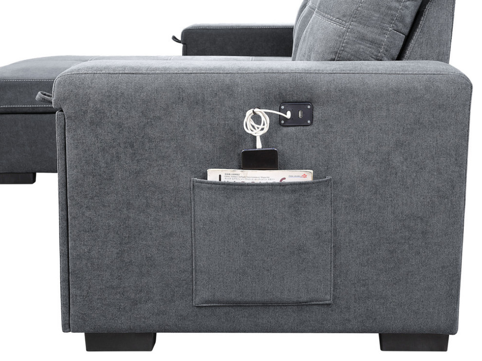 Toby Gray Woven Reversible Sleeper Sectional w/ Storage  Cupholder  USB Port   Transitional   Sleeper Sofas   by Lilola Home  Houzz