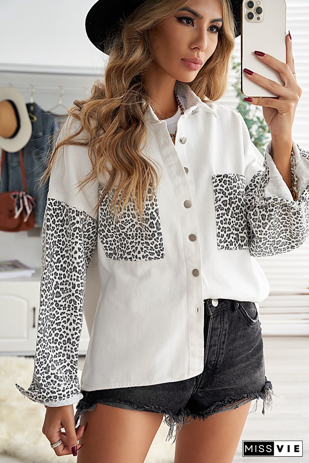 White Contrast Leopard Denim Jacket