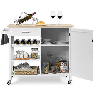 Costway 4-Tier White Wood Kitchen Island Trolley Cart Storage Cabinet with Wine Rack HW66112WH