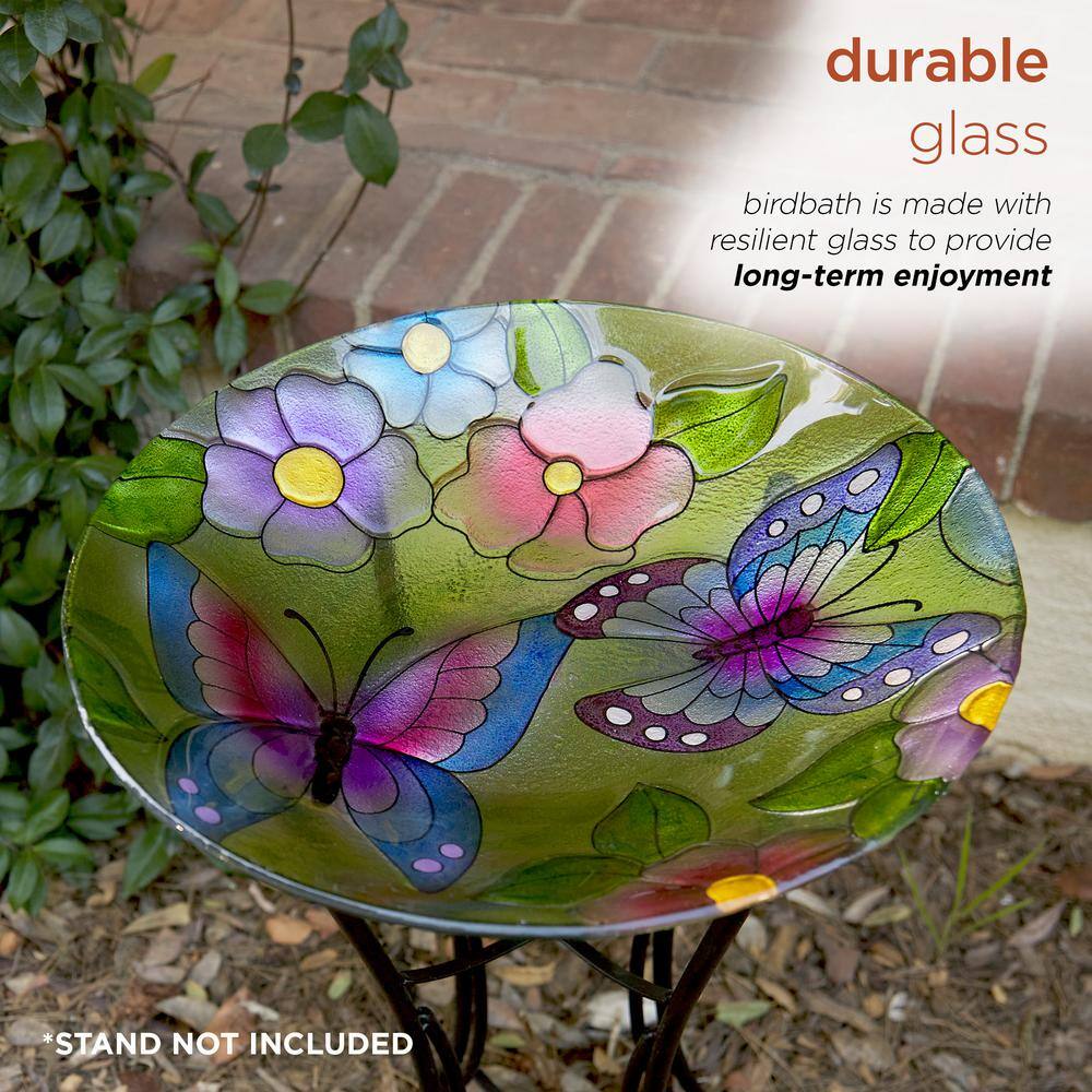 Alpine Corporation 18 in. Round Outdoor Birdbath Bowl Topper with Painted Purple Butterfly and Floral Design KPP612T-18