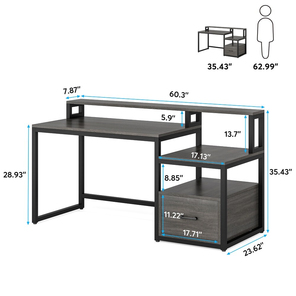 59'' Computer Desk with Drawer  Storage Shelves and Monitor Stand