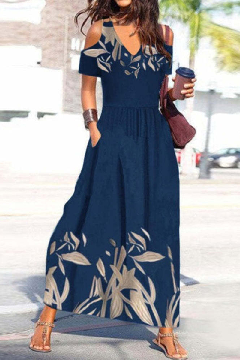 Plus Size Cold Shoulder Leaf Print Casual Tunic Maxi Dress