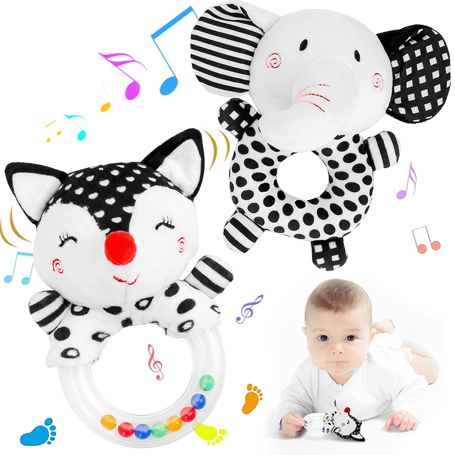 Baby Rattles 0-6 Months: Soft Rattles for Babies 0-6 Months Newborn Sensory Toys， High Contrast Black and White Baby Toys 0-3 Months Plush Rattle Toy for Infant Boys Girls Shower Gift， 2PCS