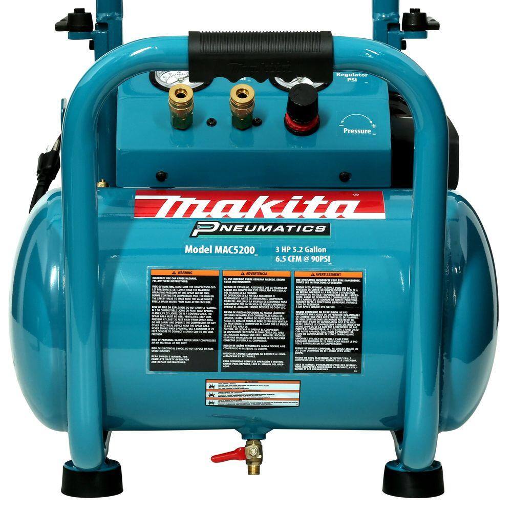 Makita Big Bore 5.2 Gal. 140 PSI 3.0 HP Portable Corded Electric Horizontal Single Tank 90 dBA Air Compressor (2 CFM at 90 PSI) MAC5200