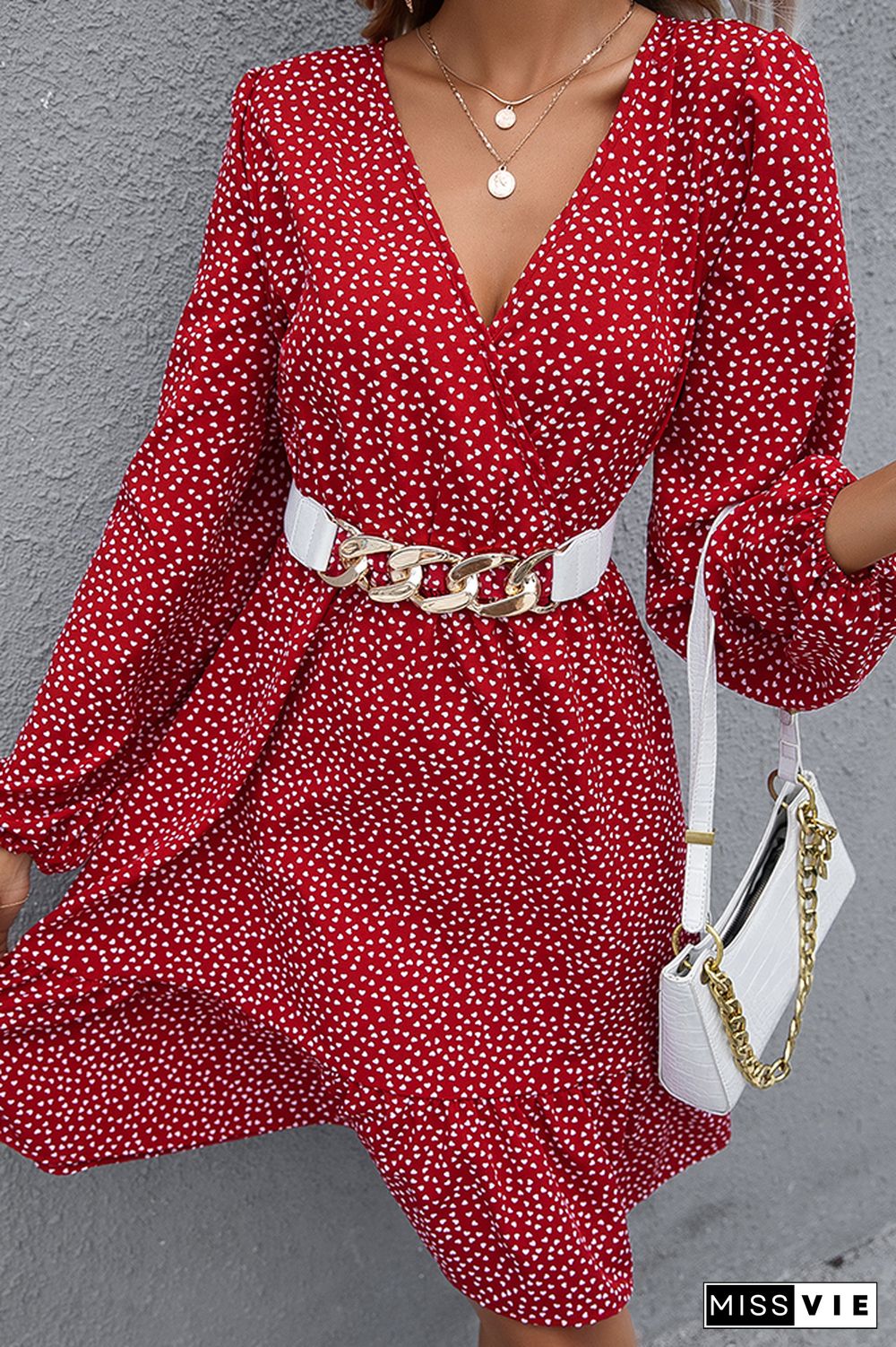 Polka Dot V-neck Long Sleeve Midi Dress Wholesale