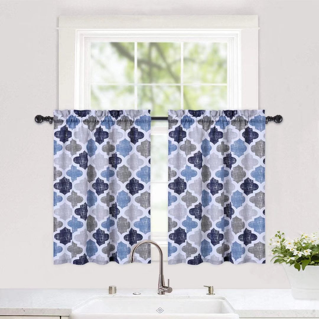 GlowSol 28W x 36L Tier Curtains for Kitchen Moroccan Tile Pattern Short Window Curtains Cotton Blend Blackout Cafe Curtains for Bathroom， Navy Blue Gray， Set of 2