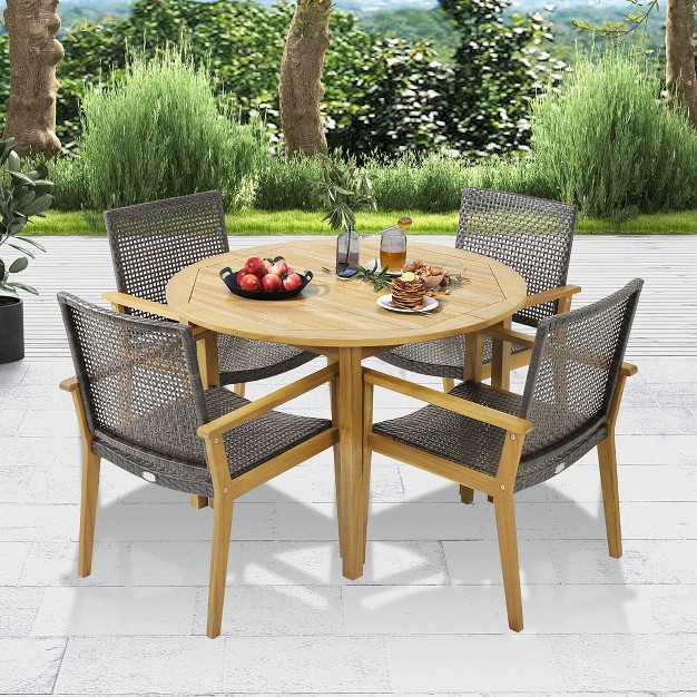 Tangkula 5 Pcs Patio Dining Set Round Acacia Wood Table 4 Wicker Armchairs Outdoor Garden