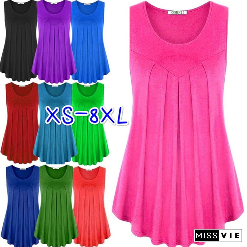 XS-8XL Plus Size Fashion Clothes Summer Tops Women's Casual Tunics Off Shoulder Elegant Camisoles O-neck Blouses Ladies Pleated Loose Vest Solid Color Ruffles Sleeveless Shirts Cotton Tanks Tops