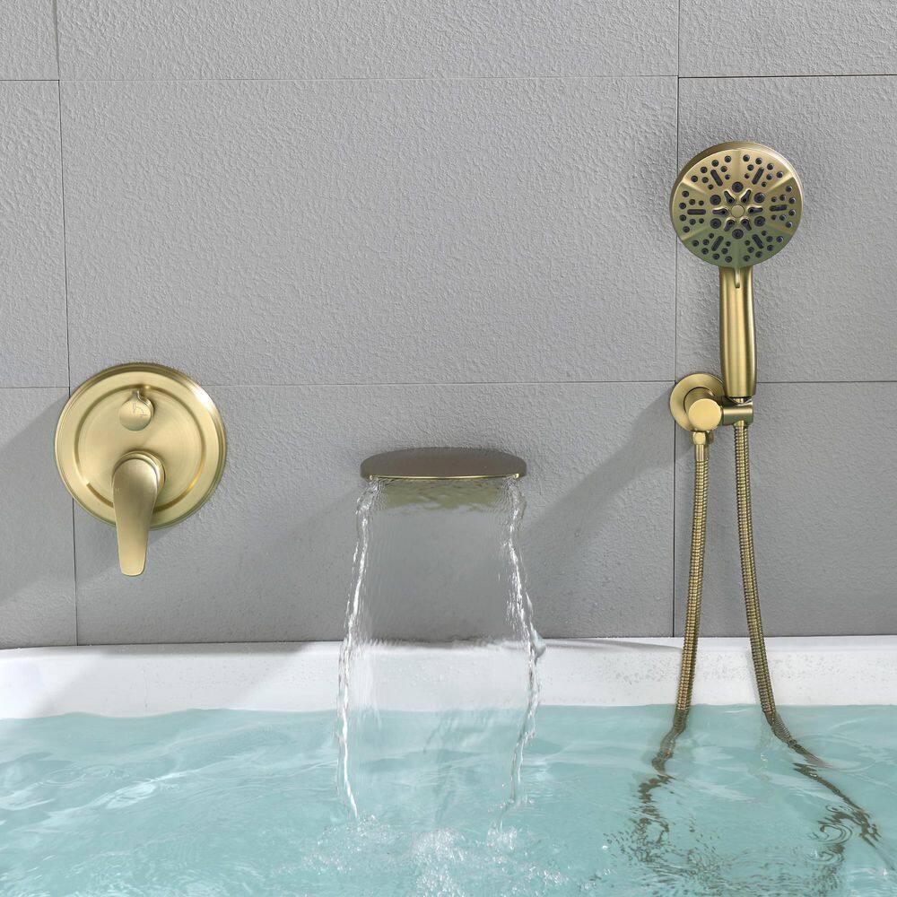 Boyel Living Wall Mount Single-Handle 7-Spray Tub and Shower Faucet with Handheld Shower Head in Brushed Gold (Valve Included) BL-88026BG