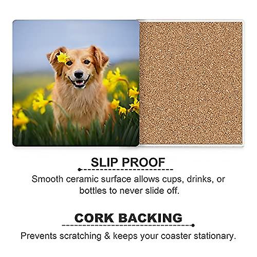 Colourlife Smilling Dog Sitting Between Flowers Printed Square Ceramic Coaster For Drinks With Cork Base For Coffee Cups Place Mats For Home Decor Set