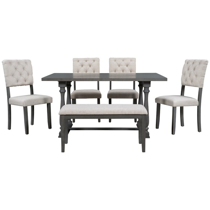 6 Piece Dining Table and Chair Set with Special shaped Legs and Foam covered Seat Backs   Cushions