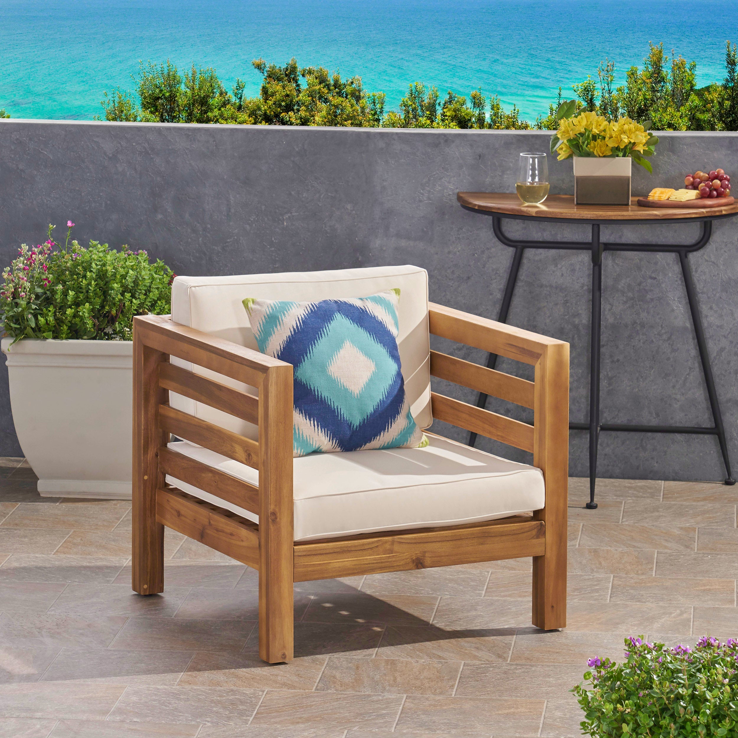 Louise Outdoor Acacia Wood Club Chair with Cushion