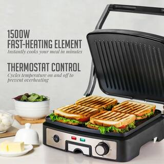 OVENTE 4-Slice Electric Panini 180 Adjustable Hinge Non-Stick 3 Heat Settings Drip Tray Free Grill (GP1861BR) GP1861BR