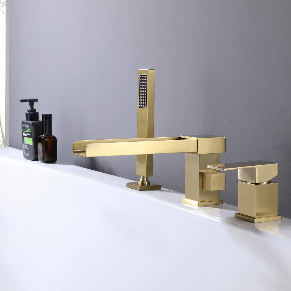 Hlihome 2-Handle Deck Mount Roman Tub Filler Faucet in Brushed Gold RBDK-0929-BG