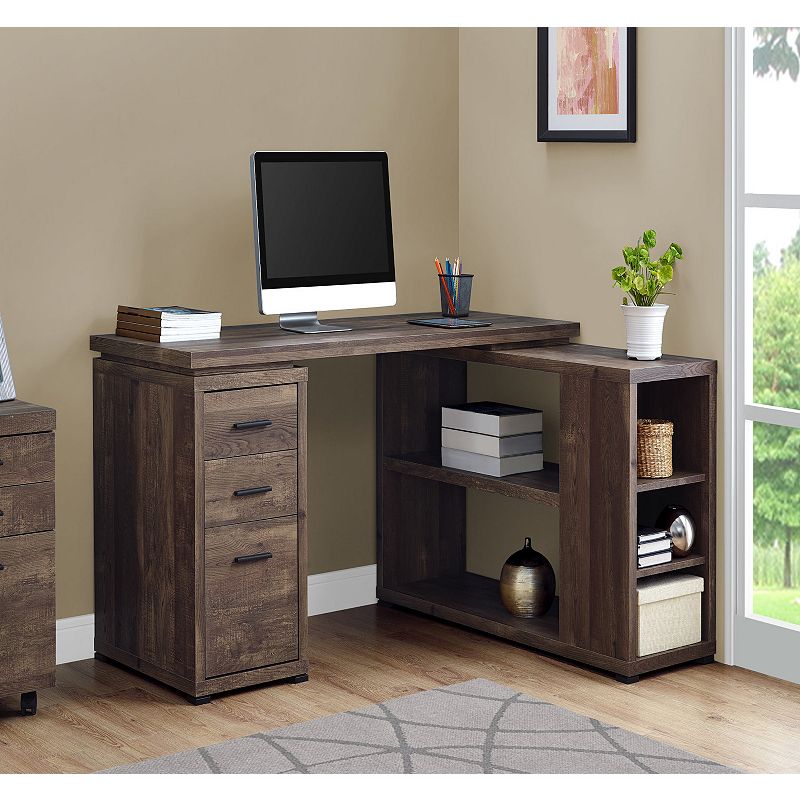 60 Coffee Brown Contemporary L-Shaped Computer Desk with Adjustable Shelves