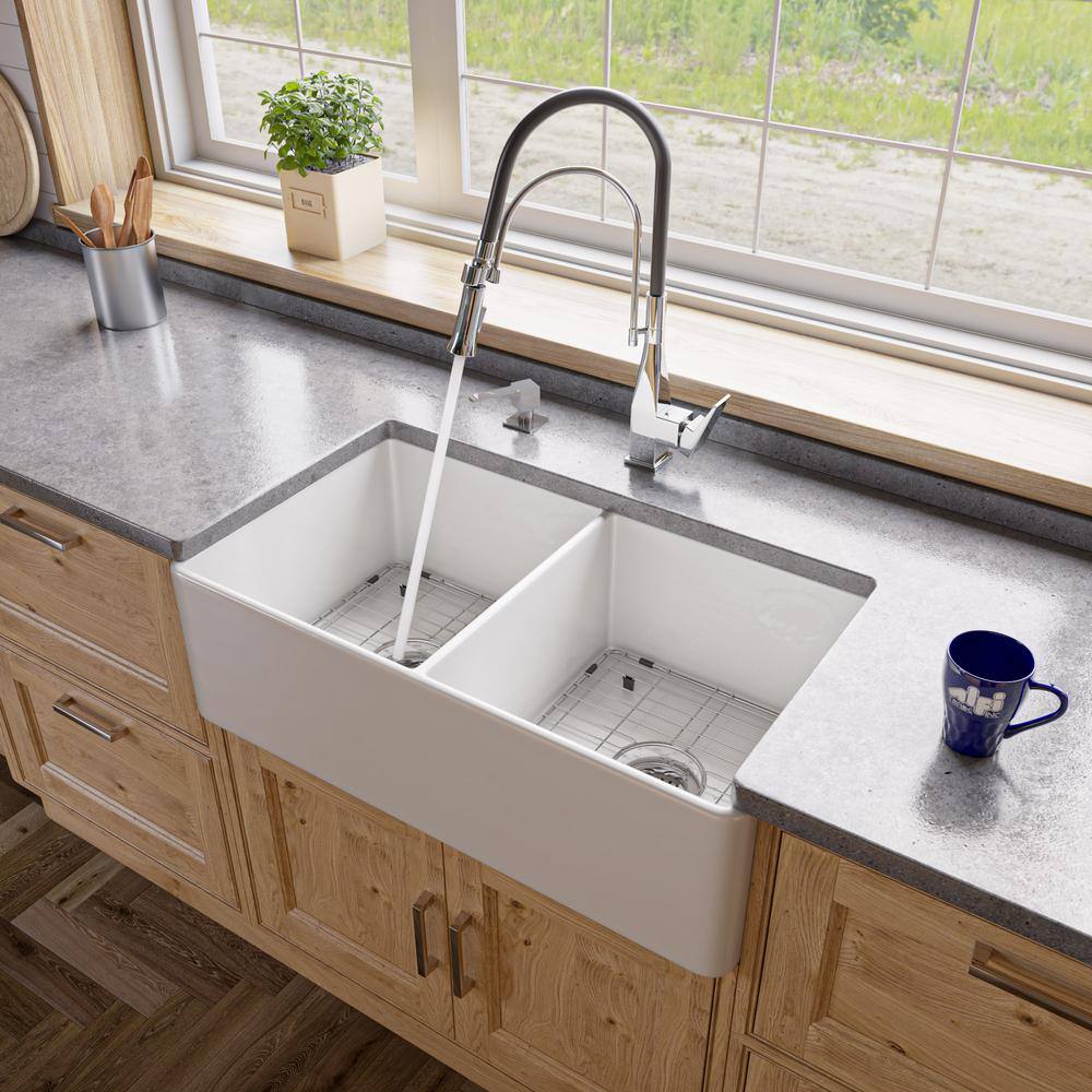 ALFI BRAND White Fireclay 33 in. Double Bowl Farmhouse Apron Kitchen Sink ABF3318D-W