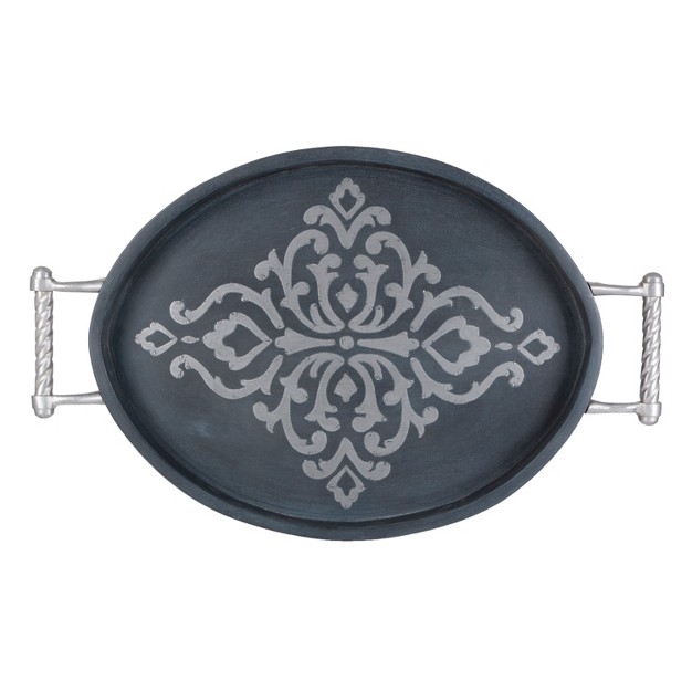 Gg Collection Gray washed Metal inlay Oval Tray With Handles