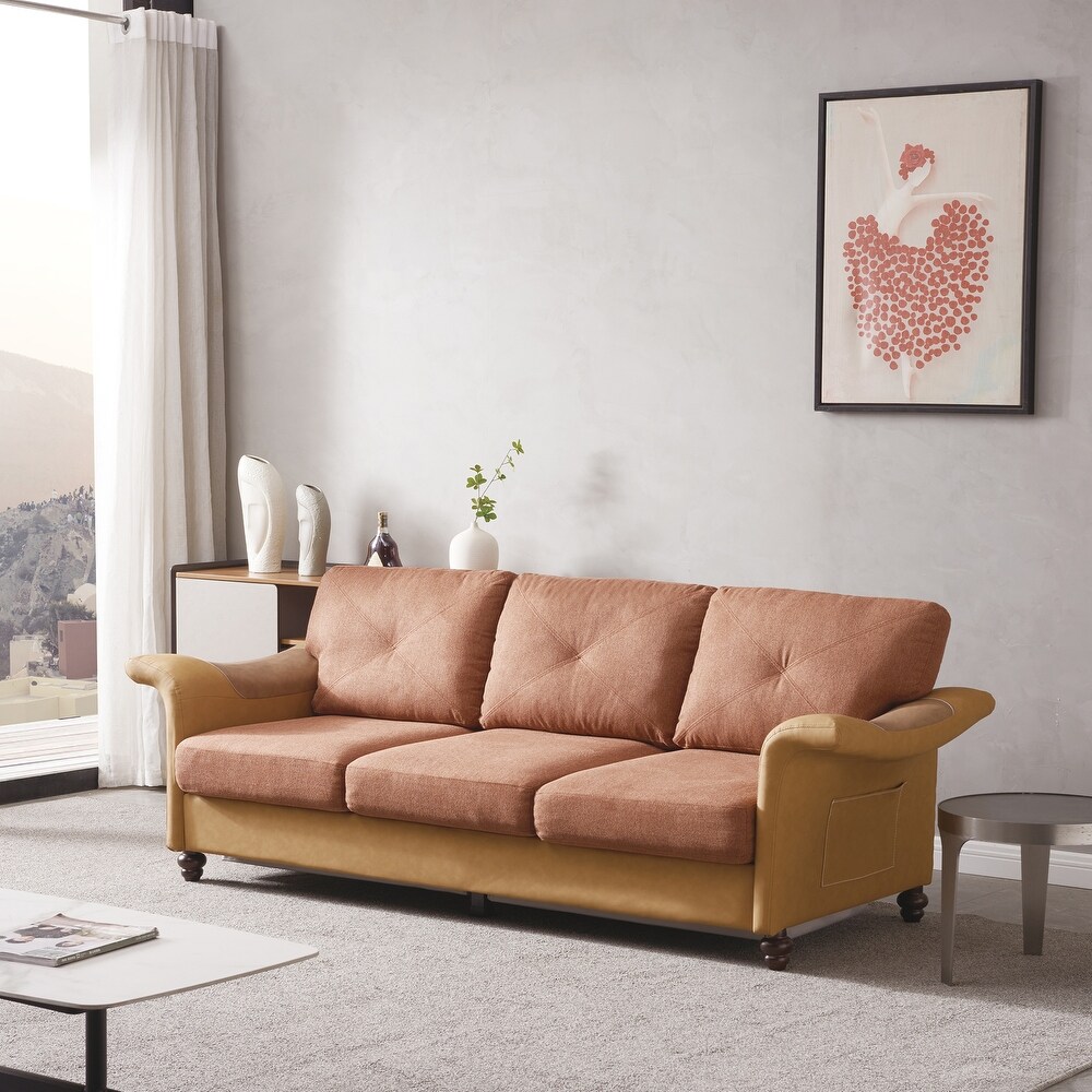 Living Room Furniture sofa  Linen Fabric Faux Leather sofa with Wood Leg  3 Seating Capacity sofa