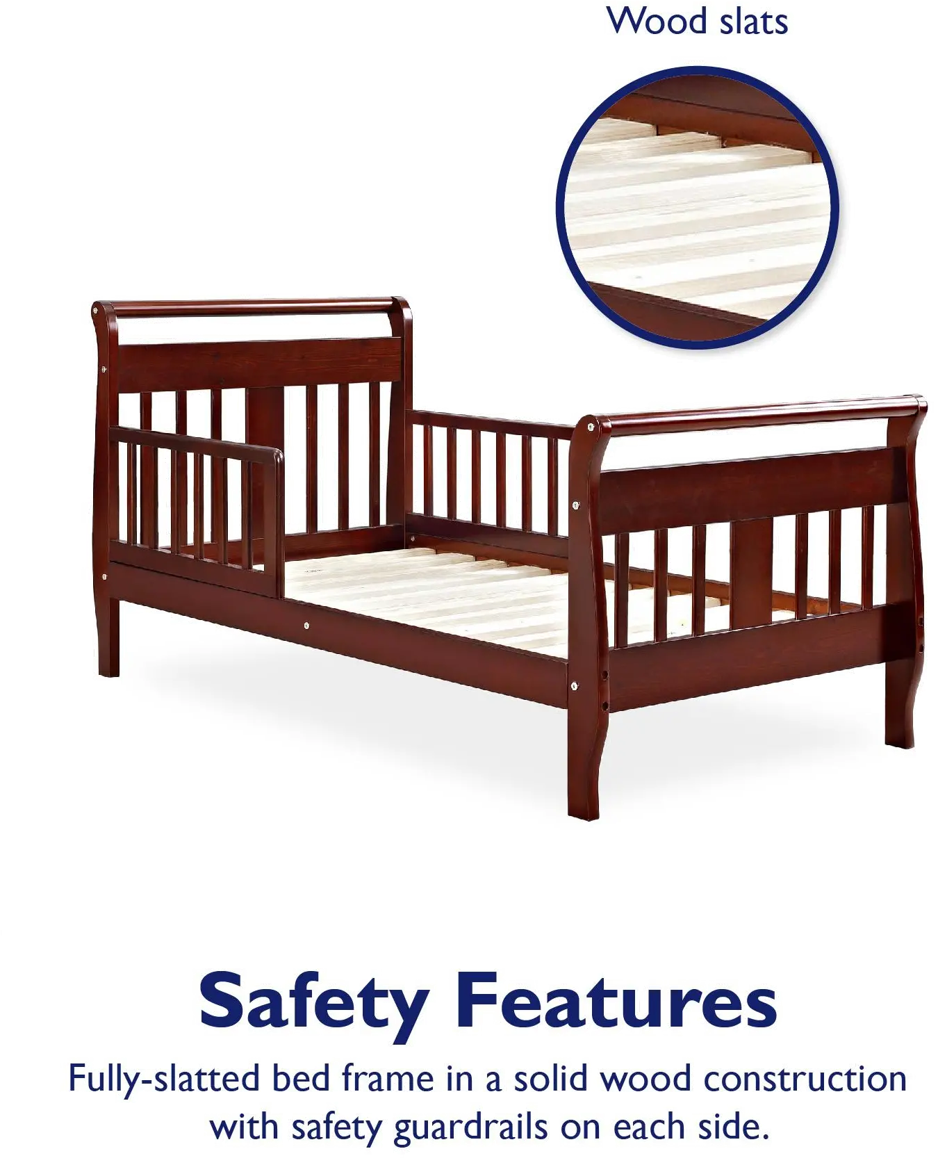 Sleigh Cherry Wood Toddler Bed with Safety Guardrails