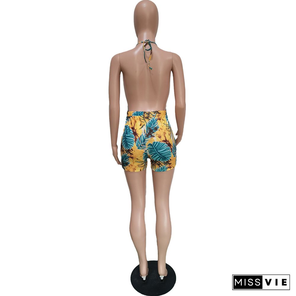 Leaves Print Bandage Backless Hollow Beach Rompers