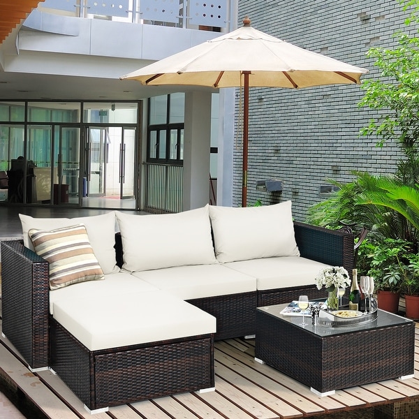 Gymax 5PCS Cushioned Rattan Patio Conversation Set w/ Ottoman Off