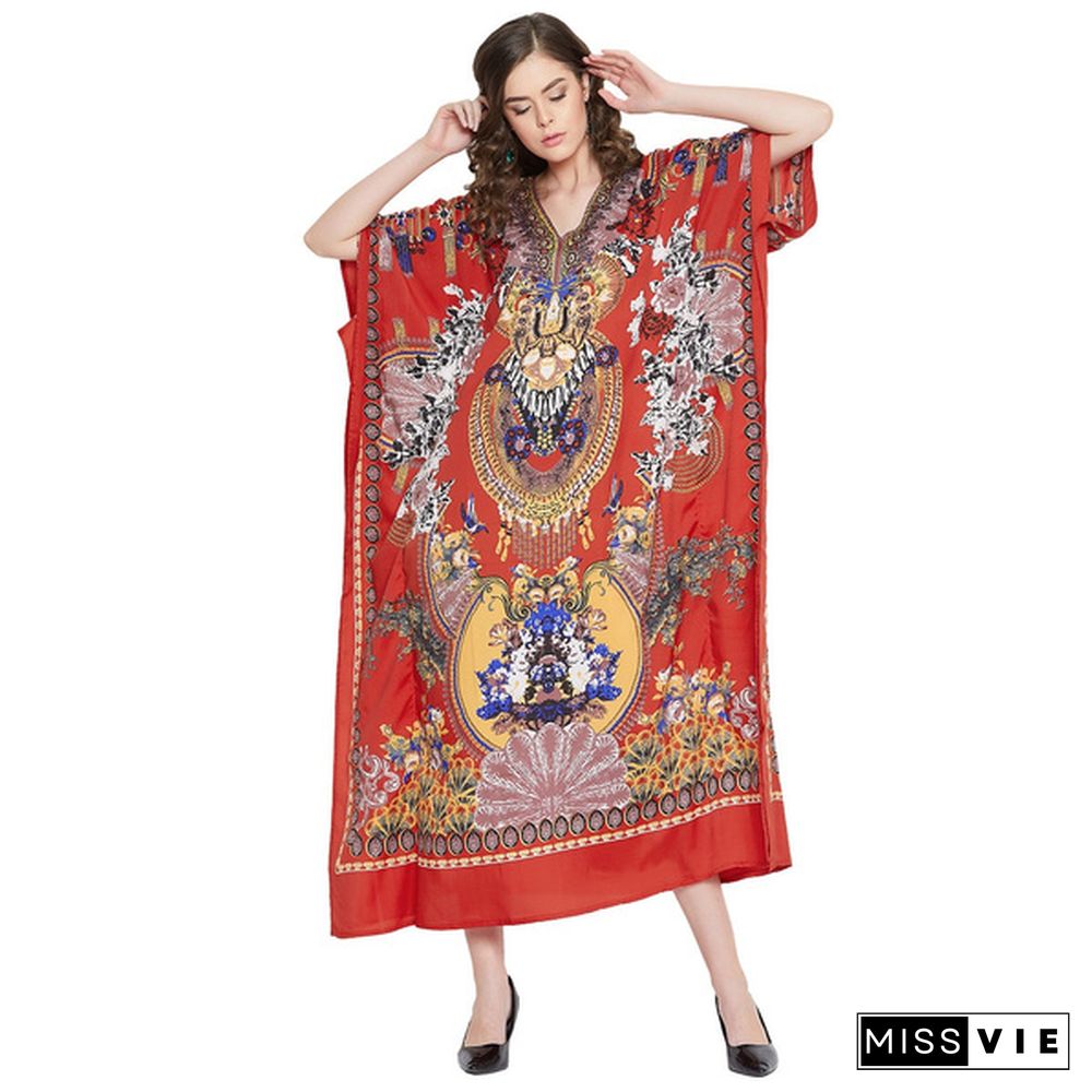 Polyester Kaftans Multiple Print Kimono Sleeves Boho Beach Cover Up Plus Size Lightweight Long Maxi Kaftan Dress