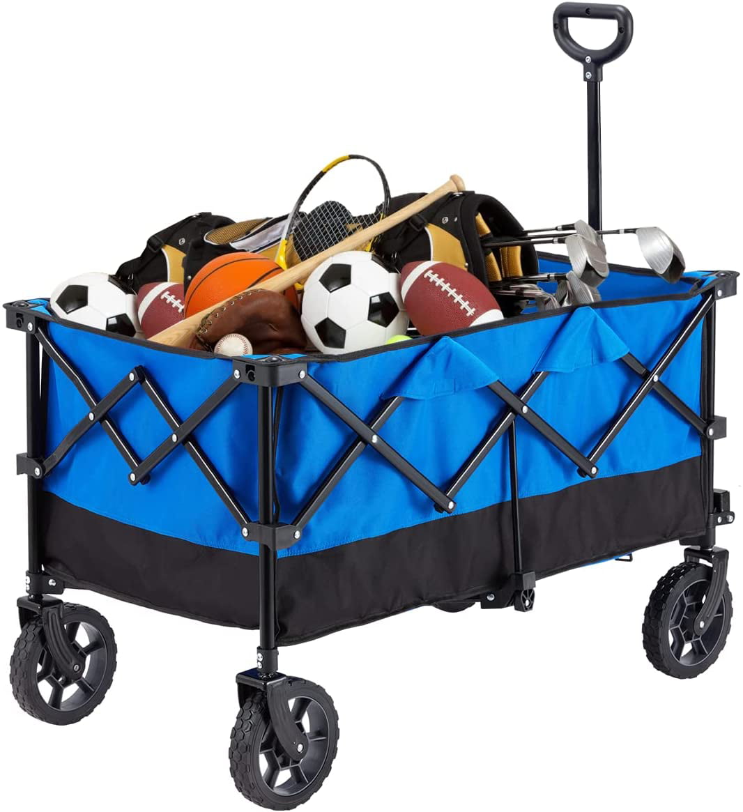 Mellcom Folding Wagon Cart, Outdoor Utility Foldable Trolley for Travel, Shopping, Camping, Blue