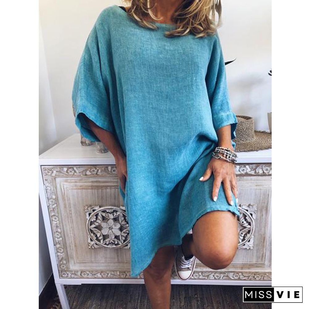 Women's Summer Casual Short Sleeve Plus Size Oversized T-shirt Dress Solid Color Loose Slit Hem Long Linen Blouses Side Slit Beach Wear Party Dress