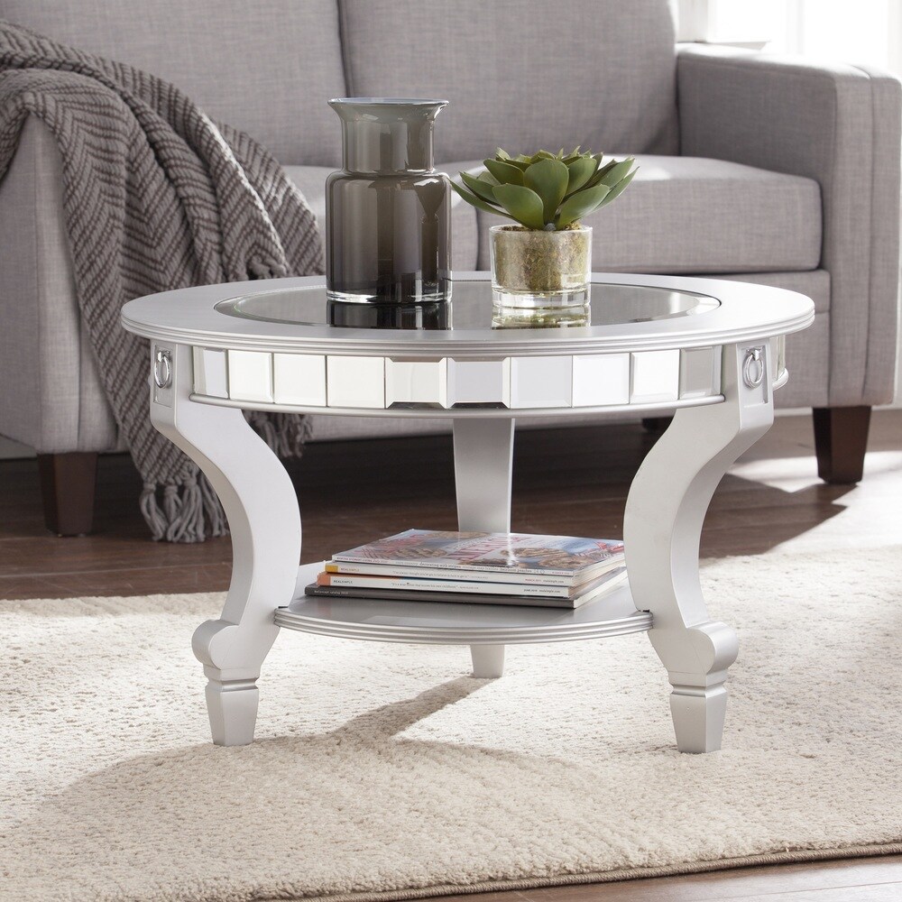 SEI Furniture Olivia Glam Mirrored Round Coffee Table in Matte Silver