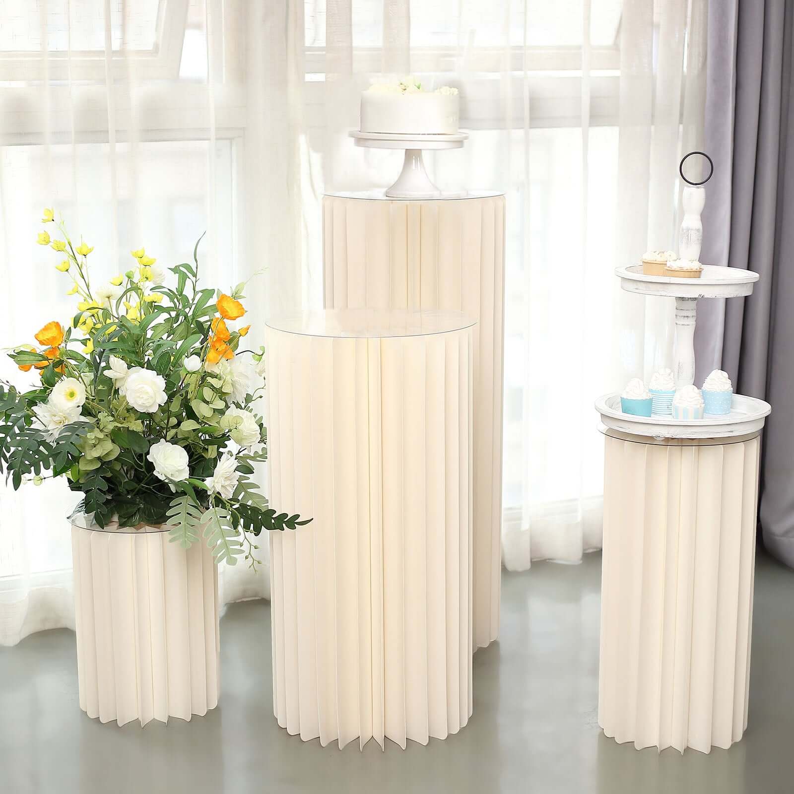 Ivory Cylinder Pillar Pedestal Stand, Display Column Stand With Top Plate 24