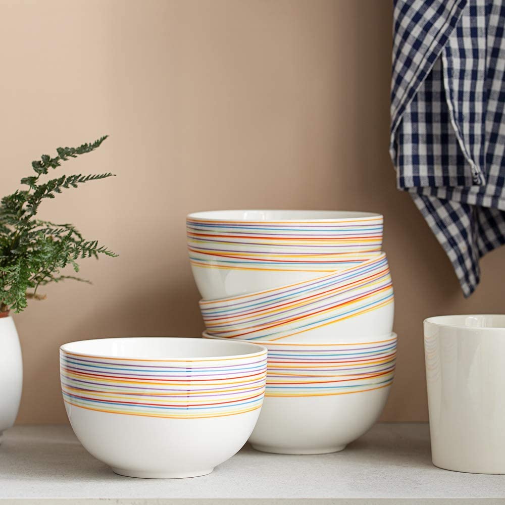 DOWAN Deep Cereal Bowls， 30 oz Deep Soup Bowls for Eating， Ceramic Serving Bowls for Oatmeal - Microwave Safe， Set of 4， White with Rainbow Stripes