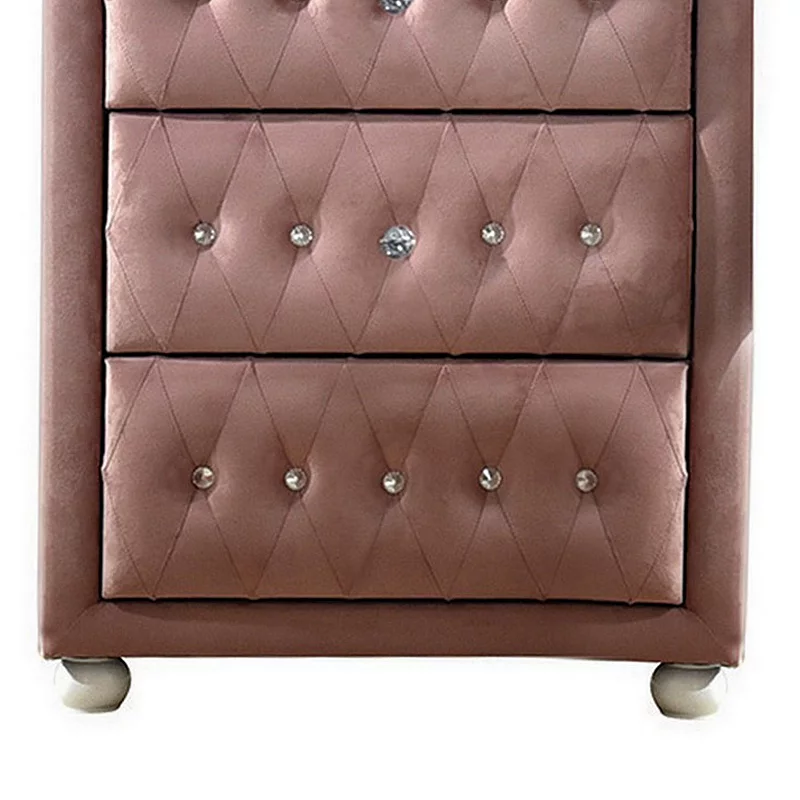 Rex 38 Inch Tall Upholstered Dresser Chest， 4 Drawer， Crystal Handles， Pink