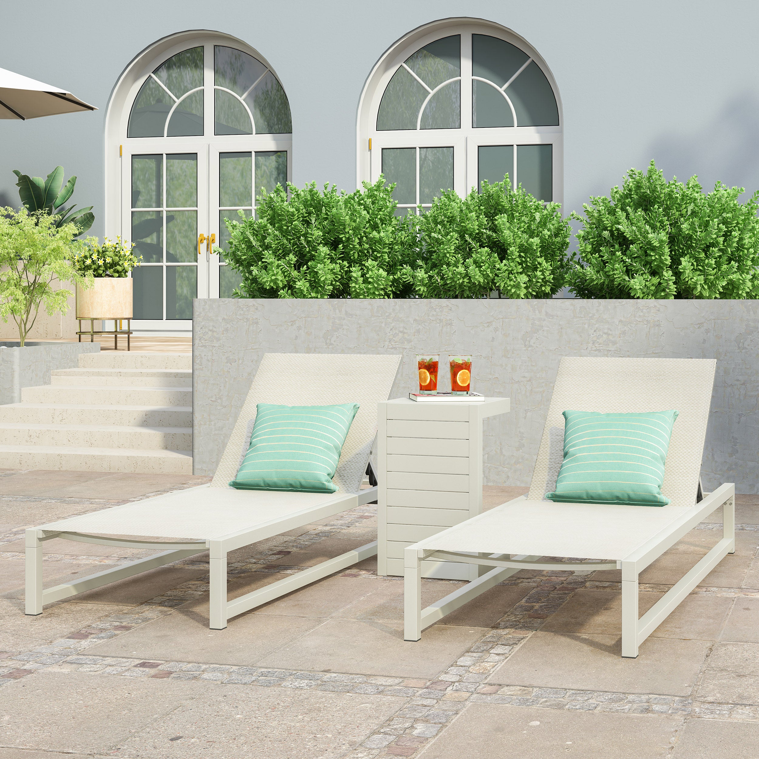 Moderna Outdoor Aluminum Chaise Lounge Set with C-Shaped End Table