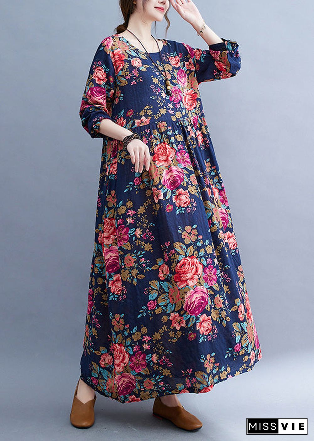 Loose Navy O-NeckPatchwork Print Cotton Party Long Dress Short Sleeve