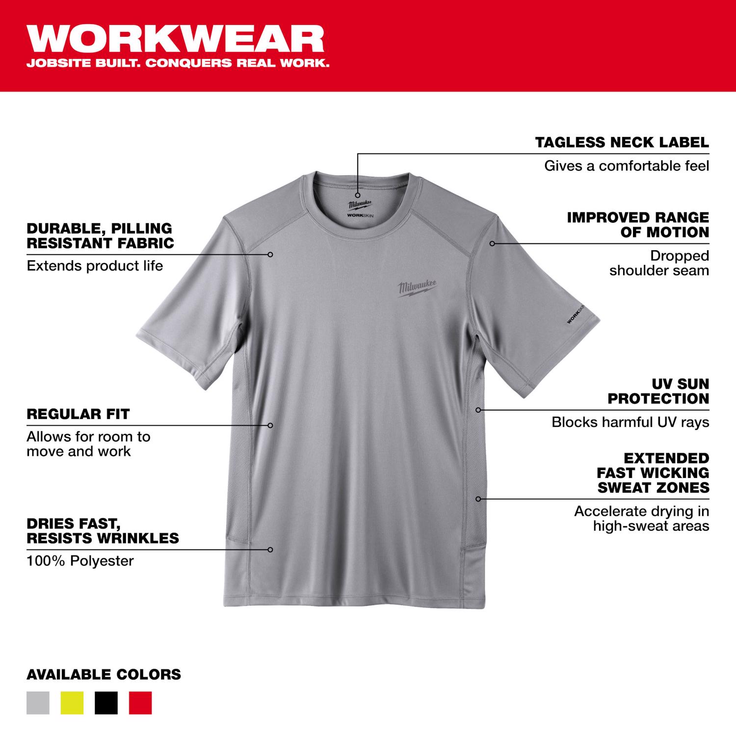 MW Workskin M Short Sleeve Men\u0027s Crew Neck Gray Lightweight Performance Tee Shirt