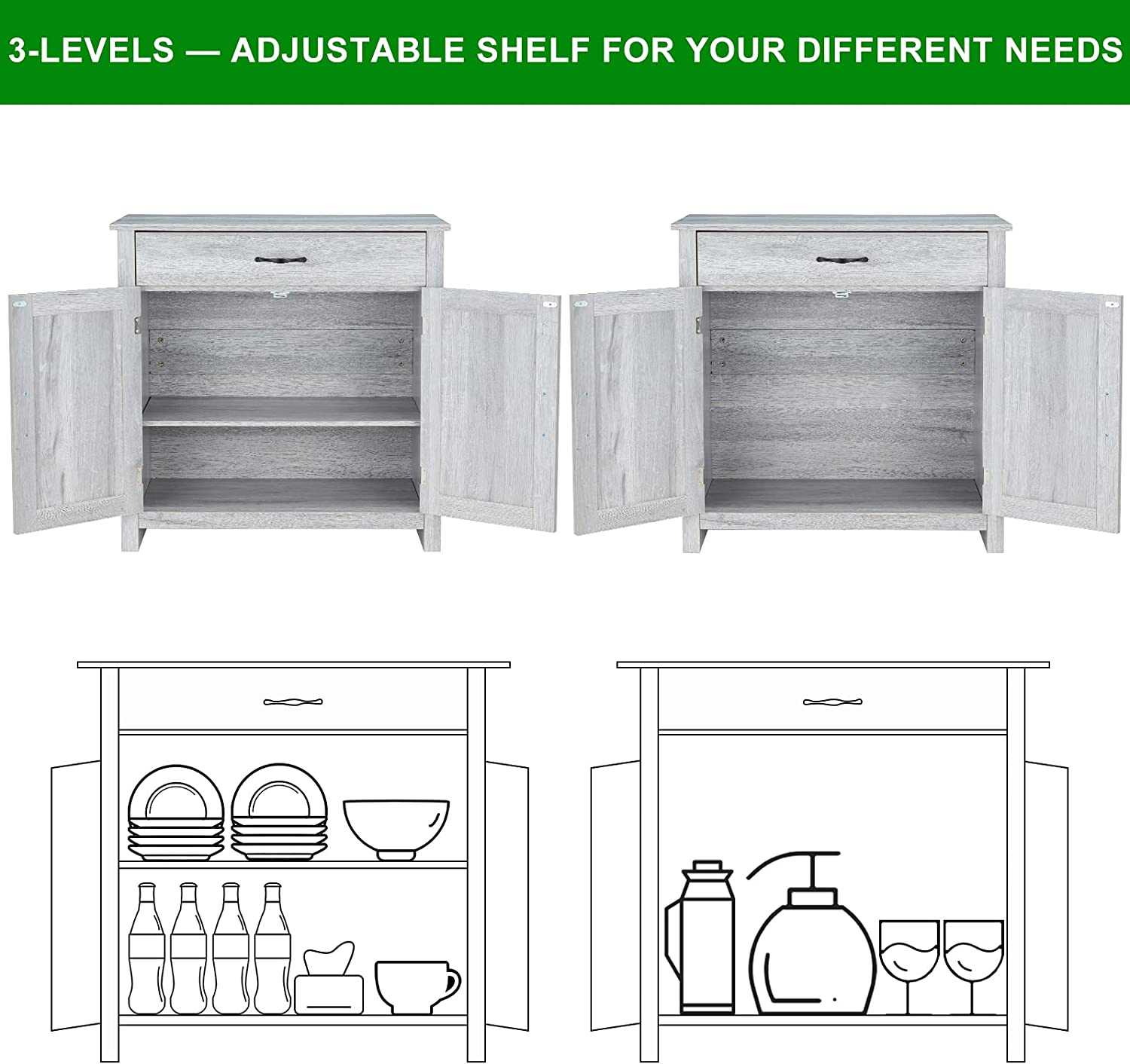 AVAWING Kitchen Sideboard with Drawer and 3-Tier Adjustable Shelves Sideboard Kitchen Cupboard Buffet Server Cabinet Organizer， Gray