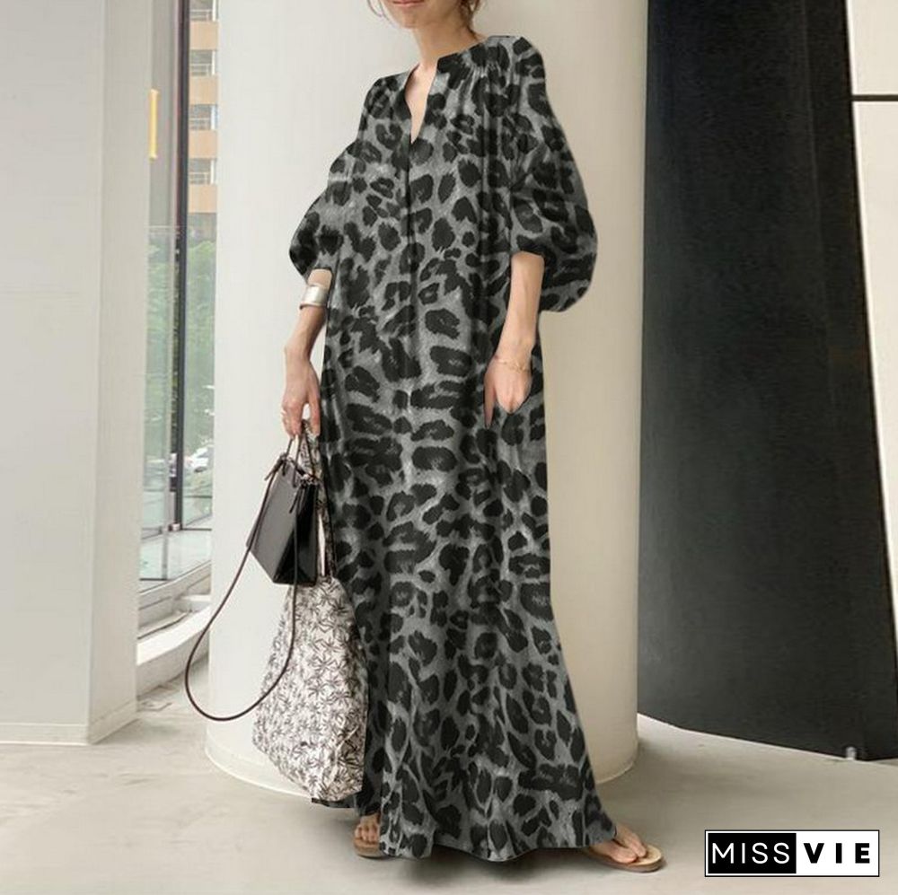 Leopard Print Stand Collar Bubble Sleeve Fashion Loose Casual Shirt Dress Black Dresses