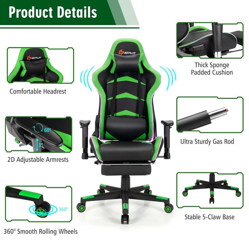 LED Massage Gaming Chair, Height Adjustable Racing Computer Office Chair with Footrest, Ergonomic High Back PU Swivel Game Chair