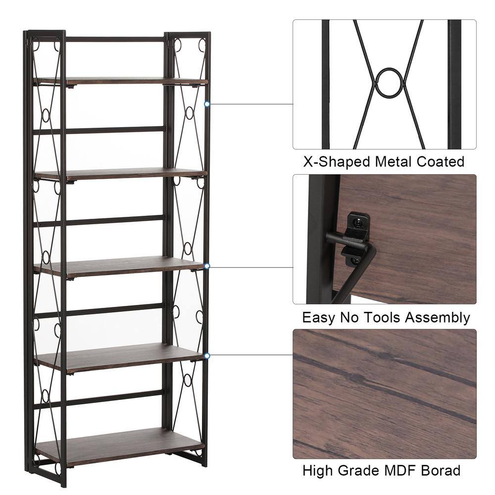 VECELO 5 Shelf Bookcase No-Assembly Folding-Bookshelf Industrial Standing Racks Study Organizer with Metal Frame ，Brown 1 KHD-XJM-B01