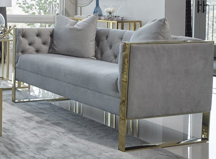 Contemporary Sofa  Golden Stainless Steel  ampTufted Light Grey Velvet Upholstery   Contemporary   Sofas   by Decorn  Houzz