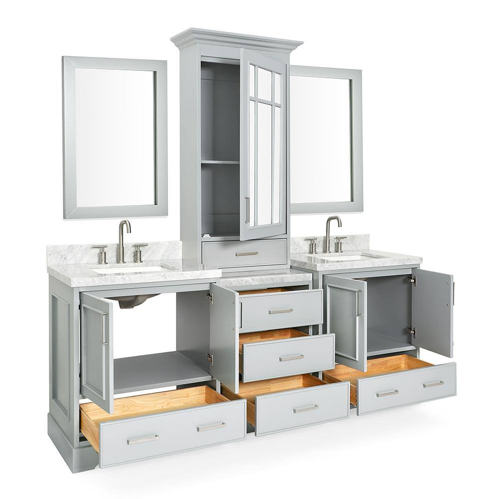 ARIEL Stafford 85 in. W x 22 in. D x 89 in. H Double Sinks Freestanding Bath Vanity in Grey with White Marble Tops and Mirrors M085DCWRGRY