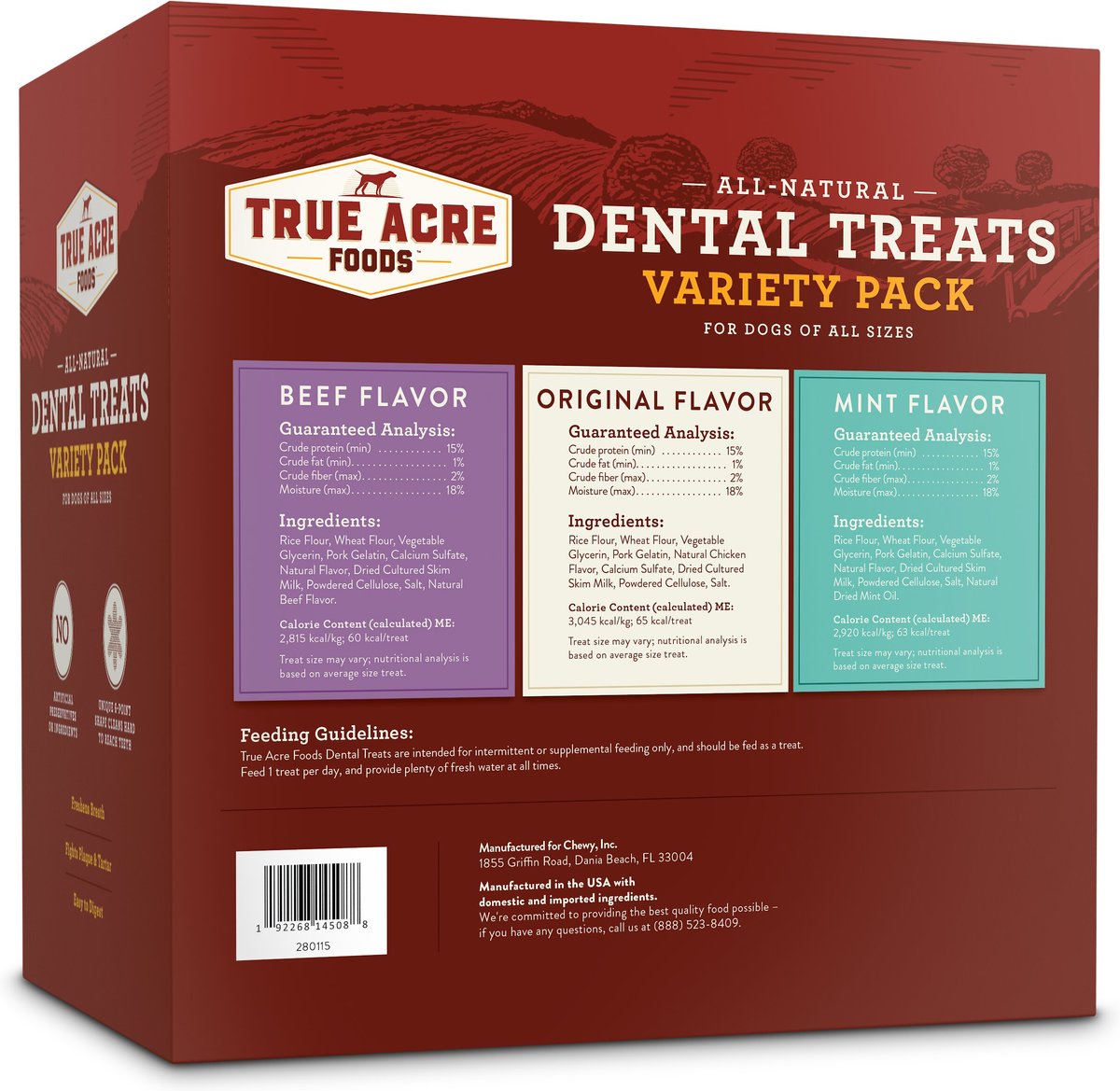 True Acre Foods All-Natural Dental Chew Sticks Variety Pack， Original， Beef， and Mint Flavor Dog Dental Treats