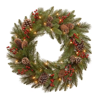  24 in. PreLit Feel Real Bristle Berry Artificial Christmas Wreath with 50 Warm White Battery-Operated LED Lights PEBB3-300-24WB1