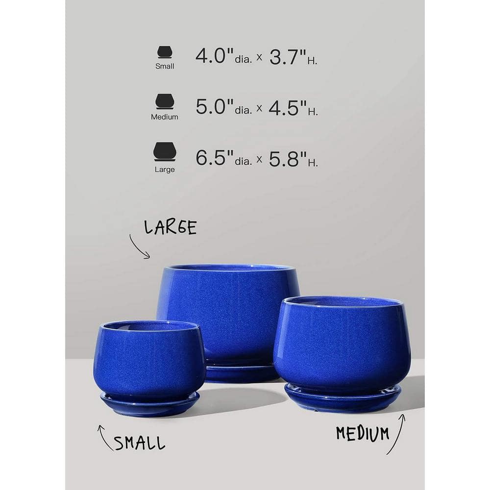 ITOPFOX Modern 6.5 in. L x 6.5 in. W x 5.8 in. H Sapphire Blue Ceramic Round Indoor Planter (3-Pack) HDPH031OT112