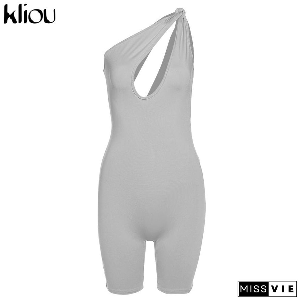 Kliou One Shoulder Cut Out Biker Shorts Rompers Sleeveless Sporty Workout Activewear Playsuits Solid Casual Women Clothing